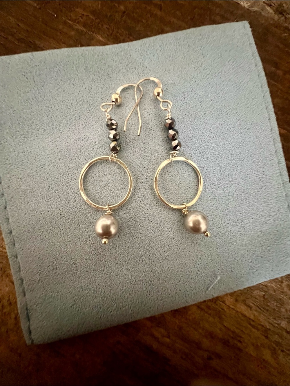 Silver Hoop Drop Earrings with Hematite and Gray Pearl Accent